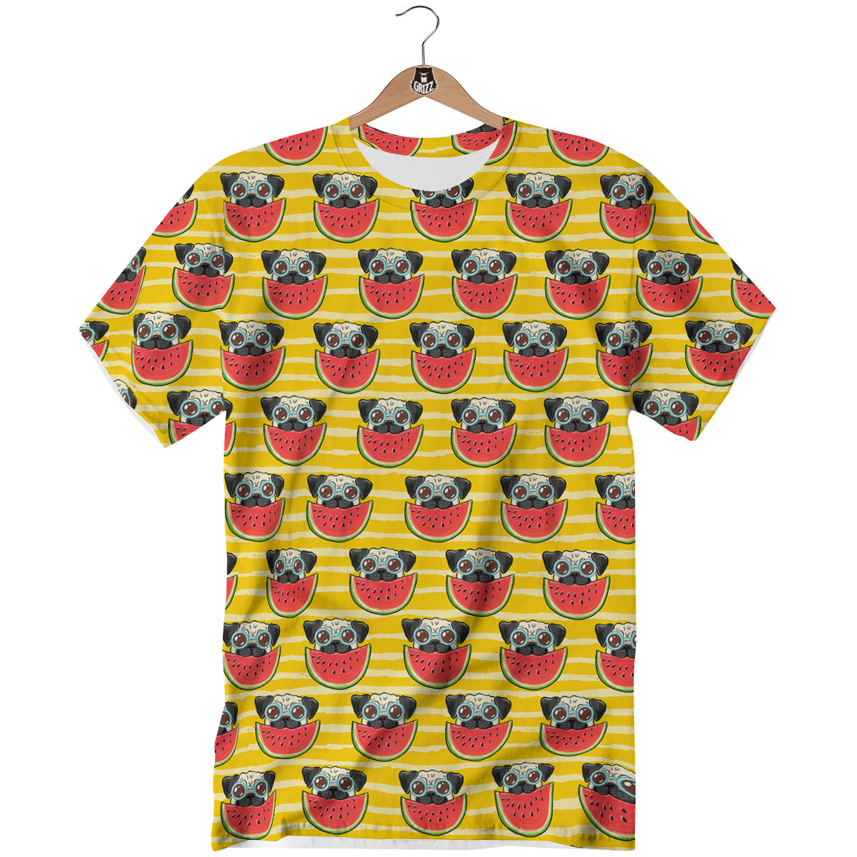 Yellow Striped Pug Dog Print Pattern T-Shirt-grizzshop