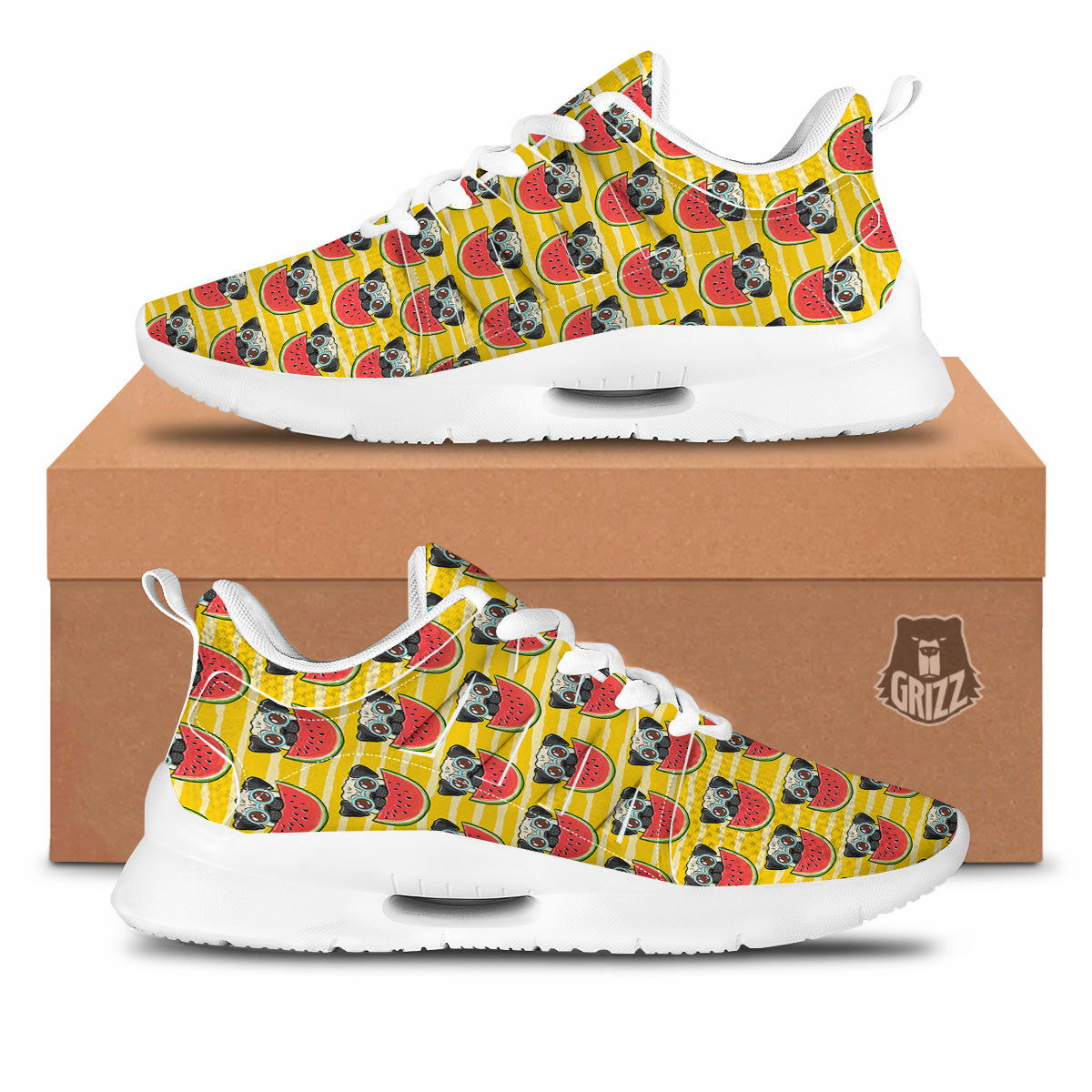 Yellow Striped Pug Dog Print Pattern Tennis Shoes-grizzshop