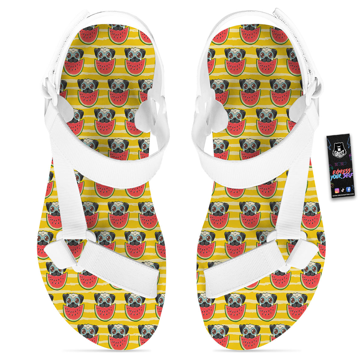 Yellow Striped Pug Dog Print Pattern White Open Toe Sandals-grizzshop