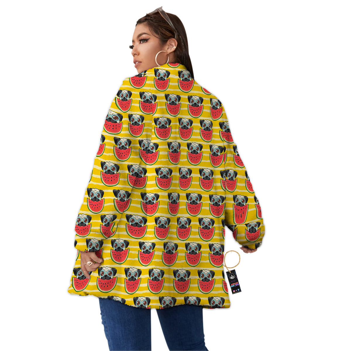 Yellow Striped Pug Dog Print Pattern Women's Sherpa Jacket-grizzshop