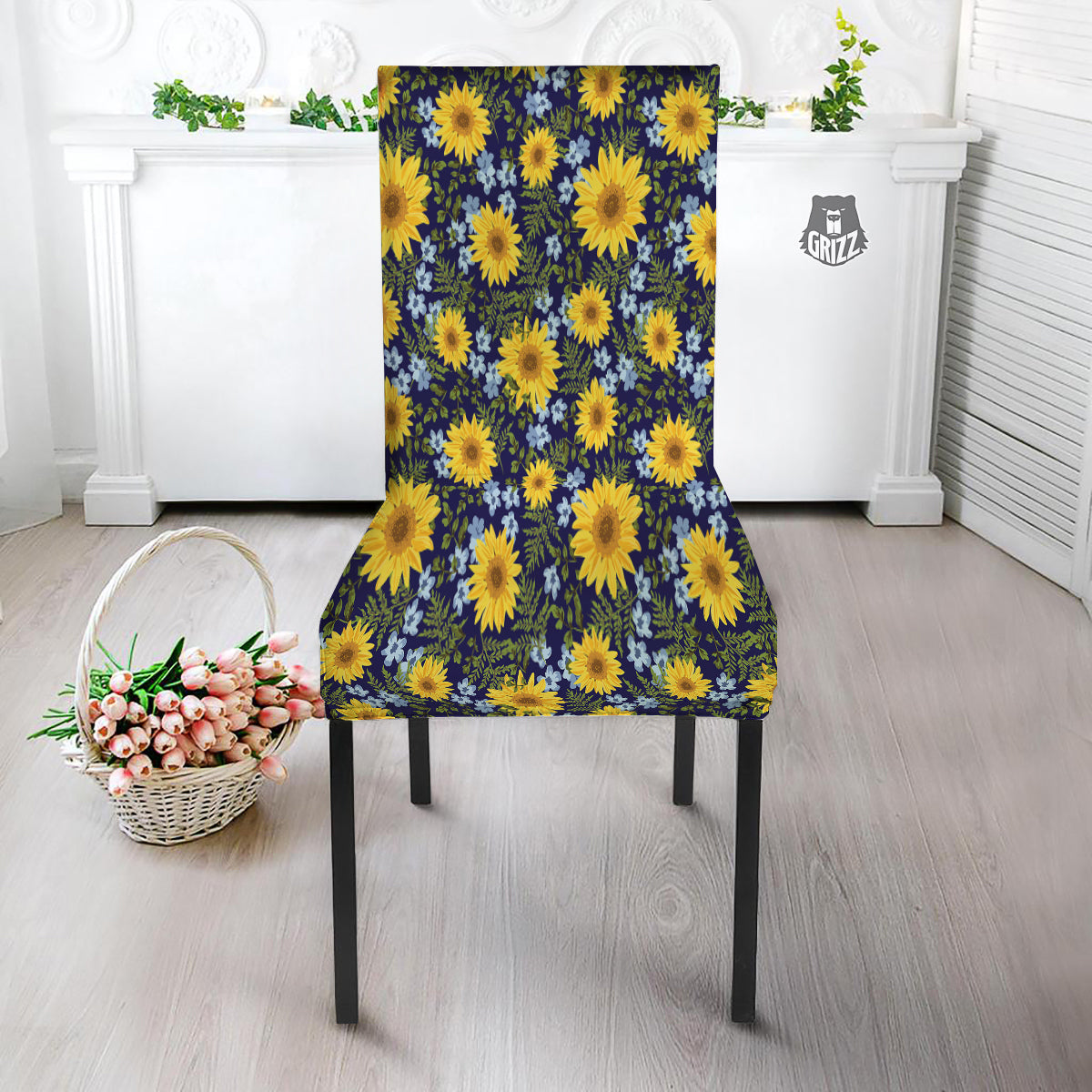 Yellow Sunflower Floral Print Dining Chair Slipcover-grizzshop