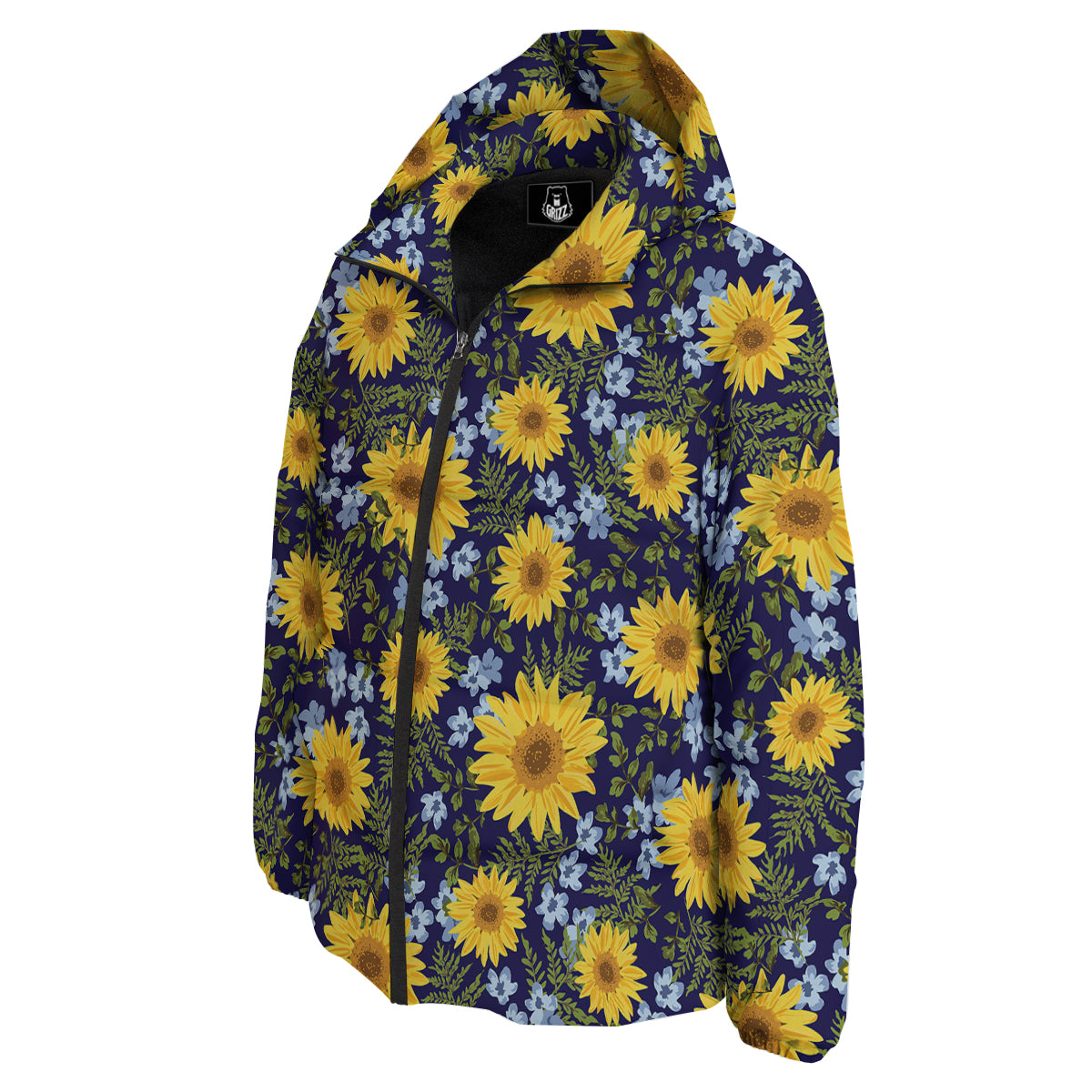 Yellow Sunflower Floral Print Down Jacket-grizzshop