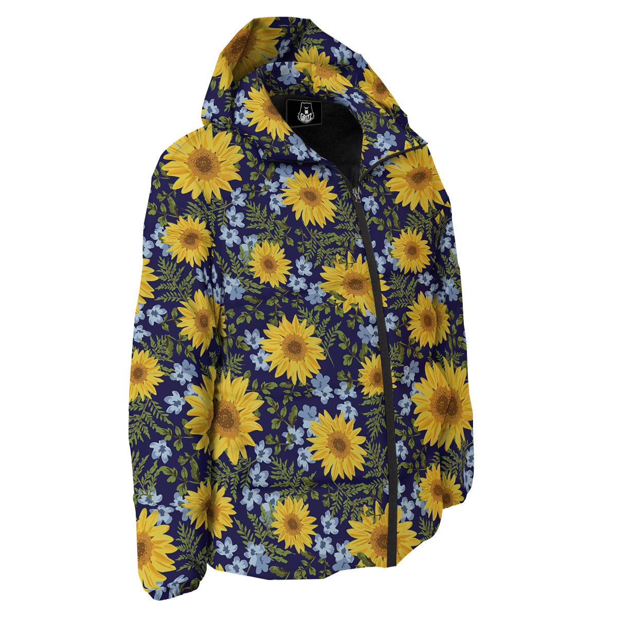 Yellow Sunflower Floral Print Down Jacket-grizzshop