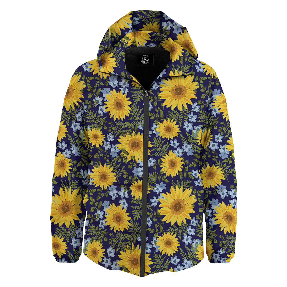 Yellow Sunflower Floral Print Down Jacket-grizzshop