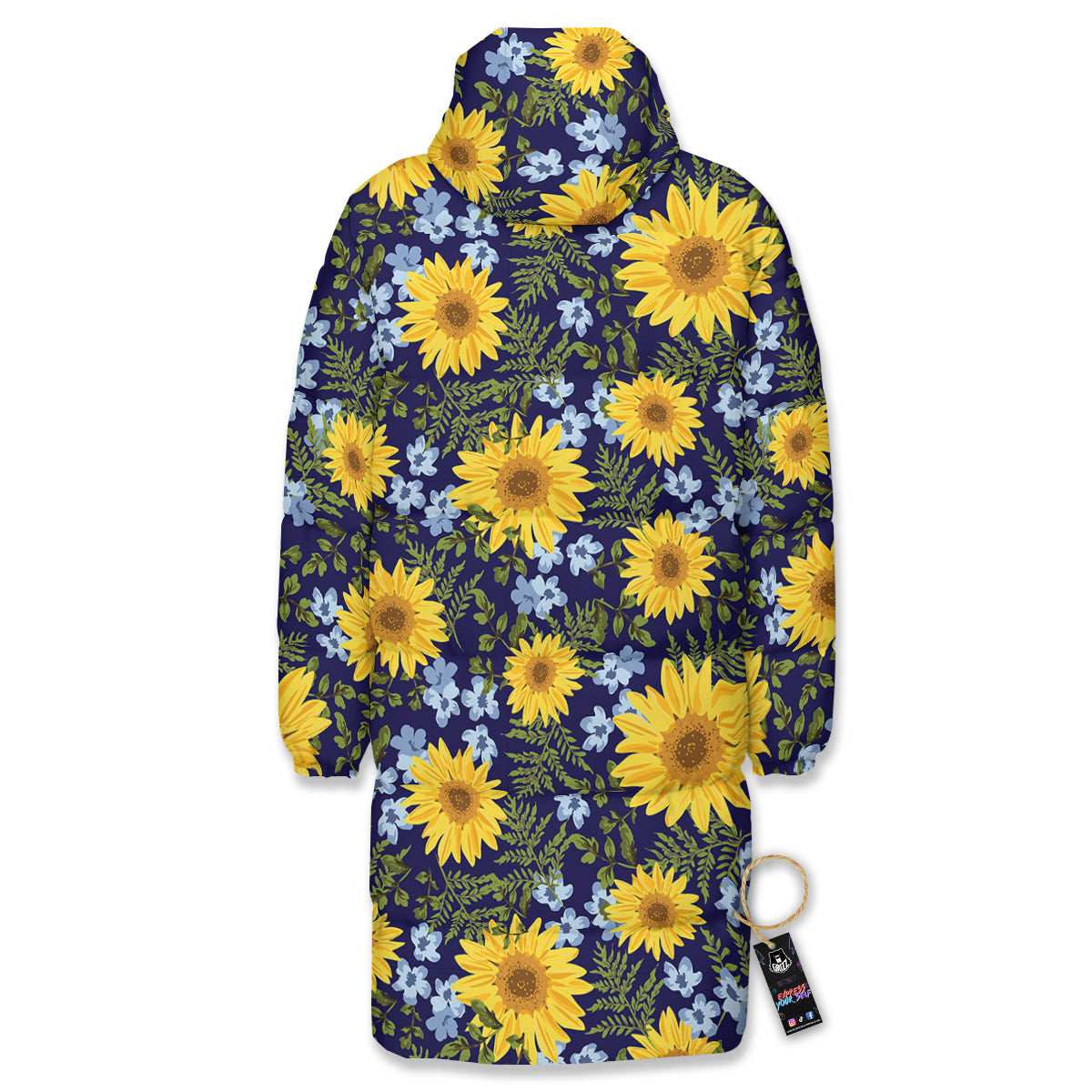 Yellow Sunflower Floral Print Long Down Jacket-grizzshop
