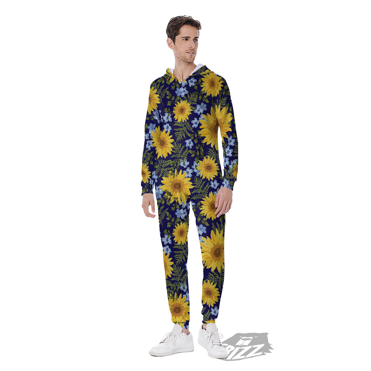 Yellow Sunflower Floral Print Men's Jumpsuit-grizzshop