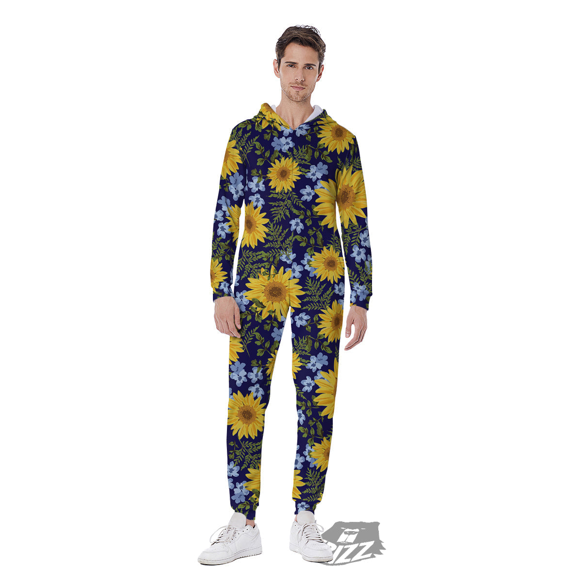 Yellow Sunflower Floral Print Men's Jumpsuit-grizzshop