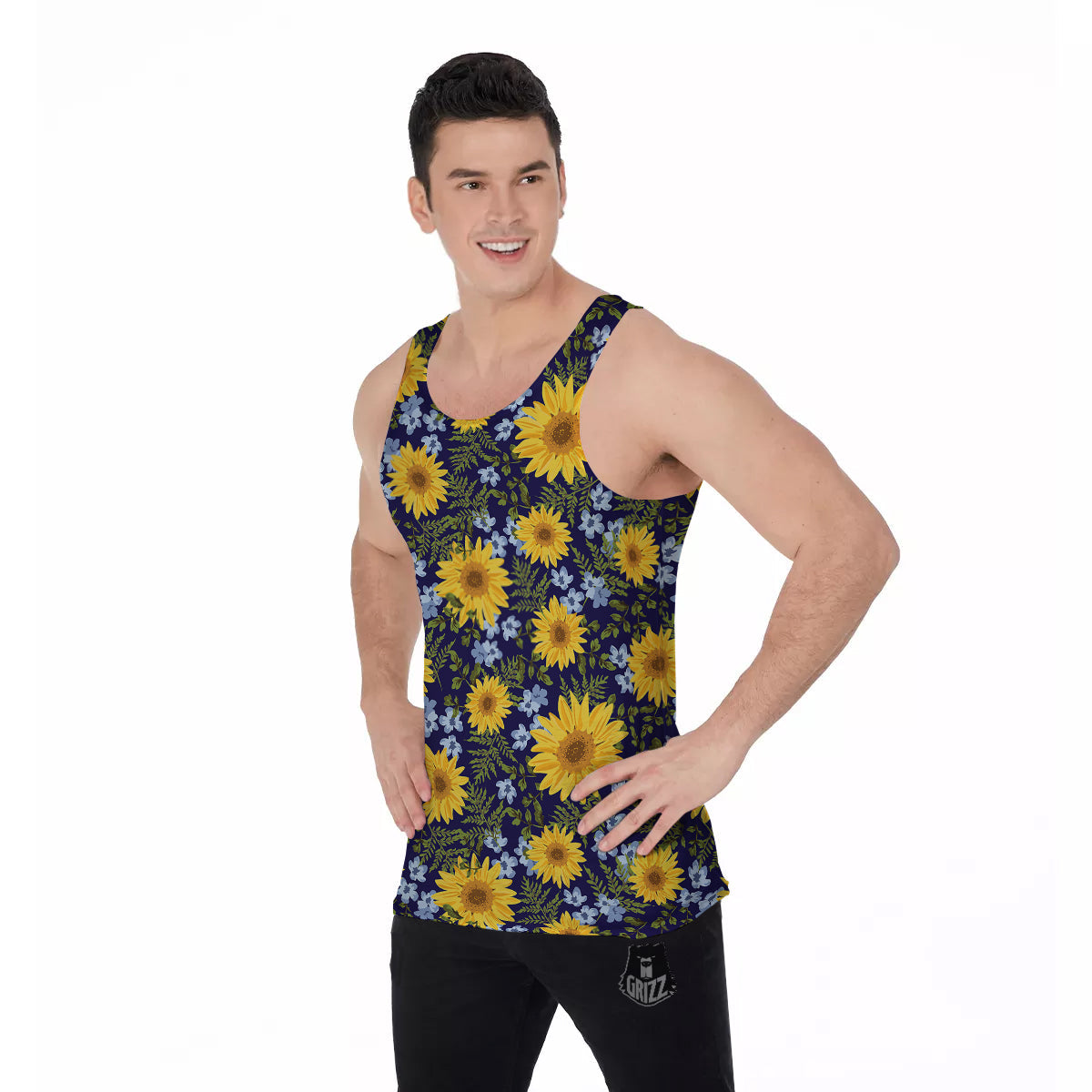 Yellow Sunflower Floral Print Men's Tank Top-grizzshop