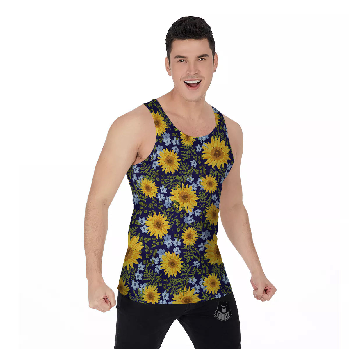 Yellow Sunflower Floral Print Men's Tank Top-grizzshop