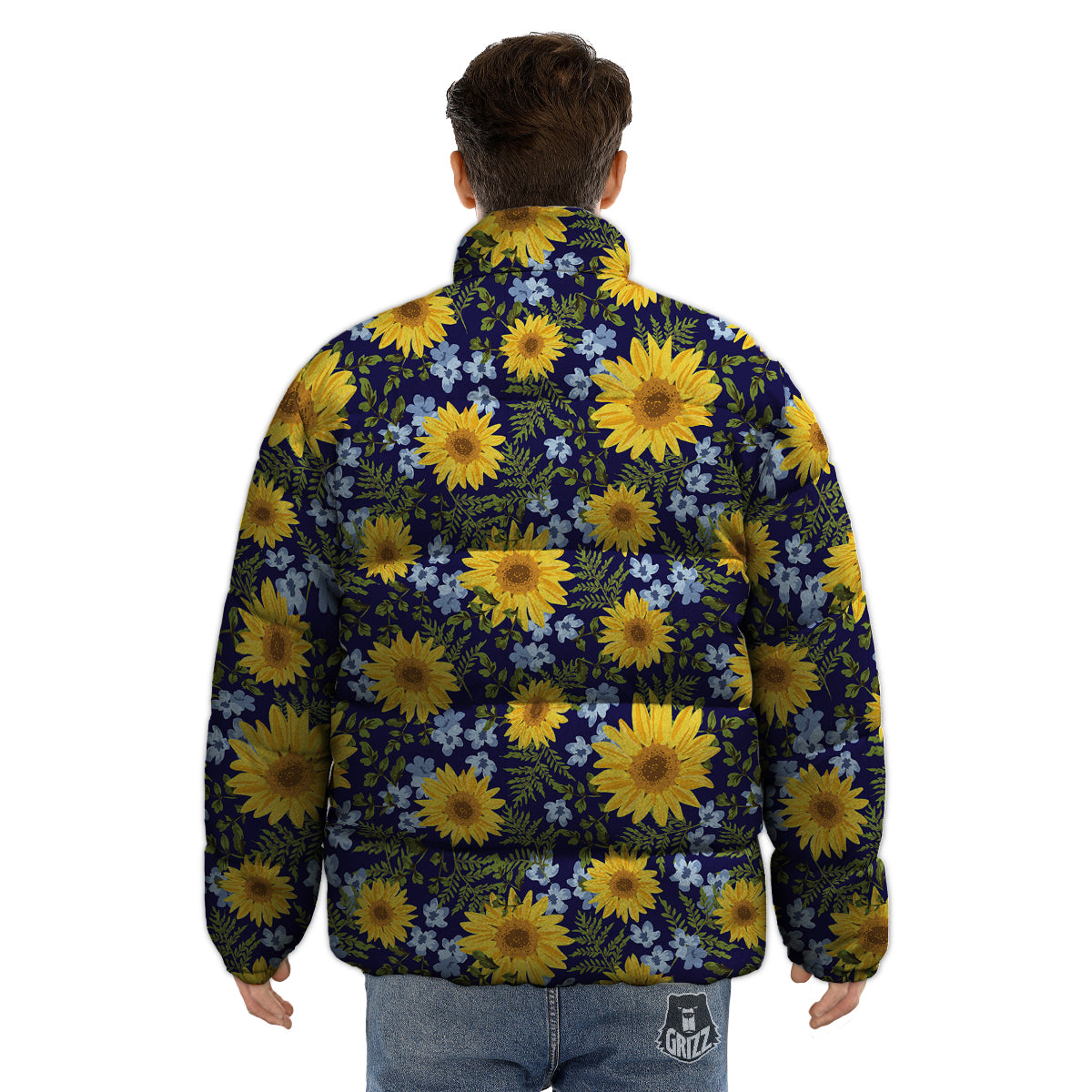 Yellow Sunflower Floral Print Puffer Jacket-grizzshop