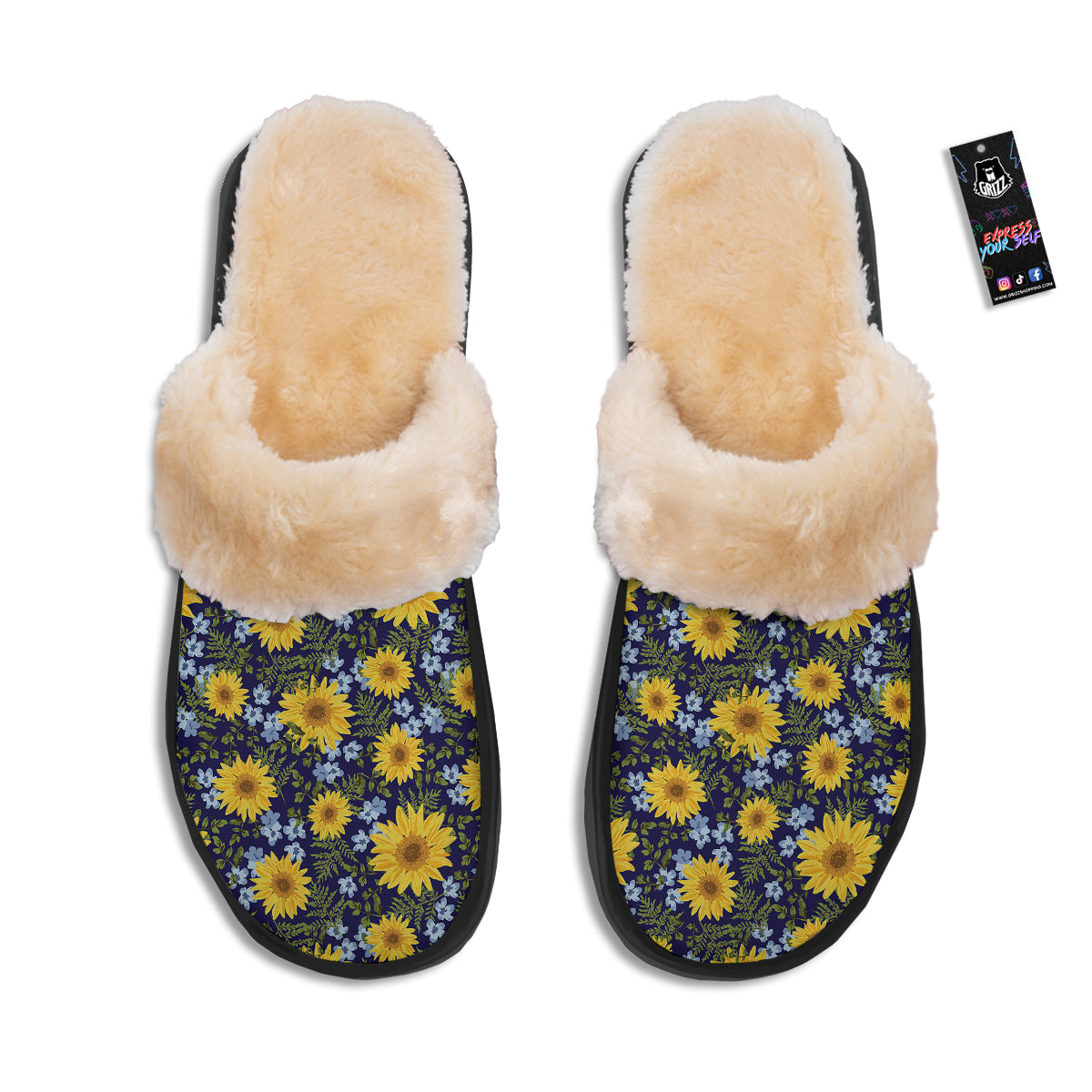 Yellow Sunflower Floral Print Slippers-grizzshop
