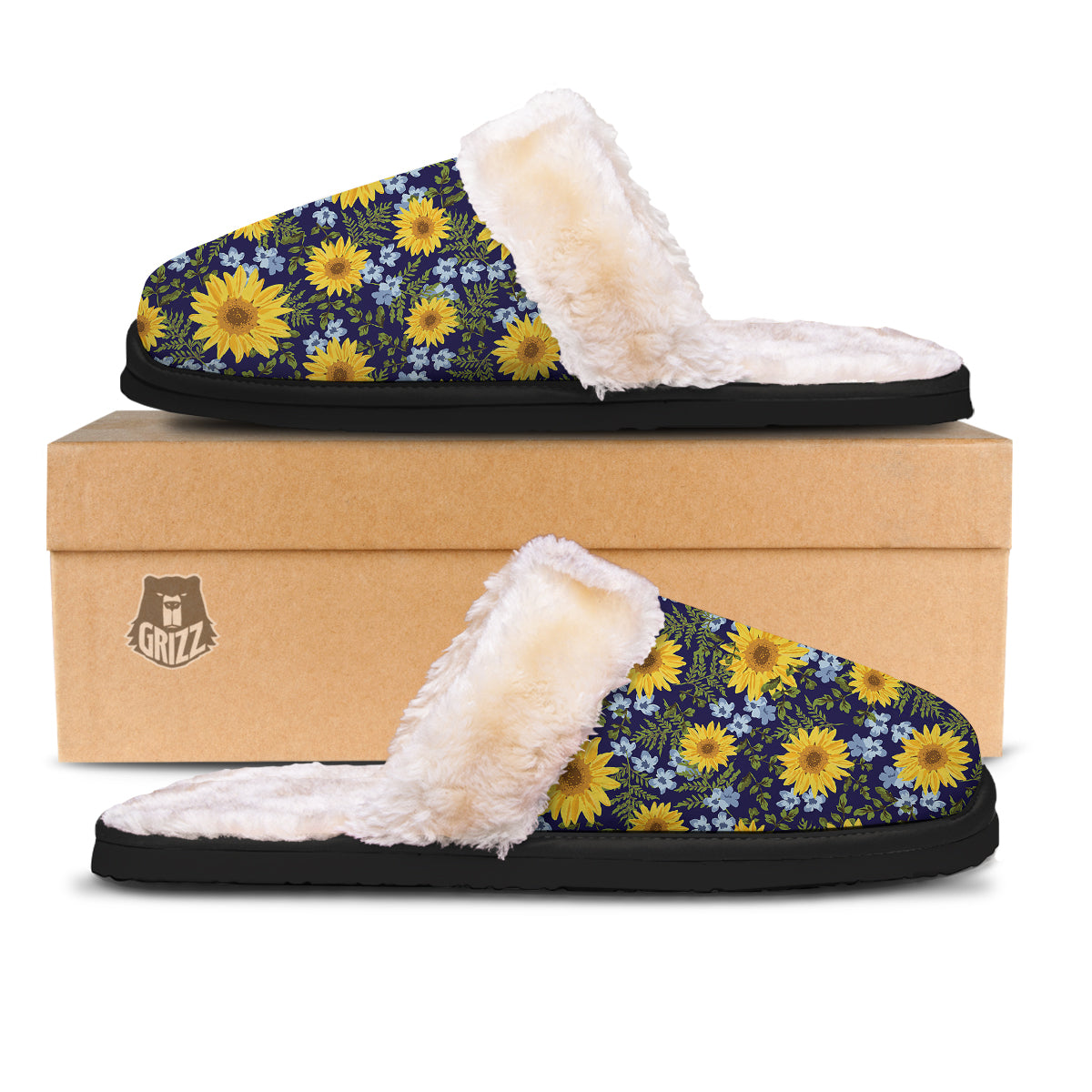 Yellow Sunflower Floral Print Slippers-grizzshop