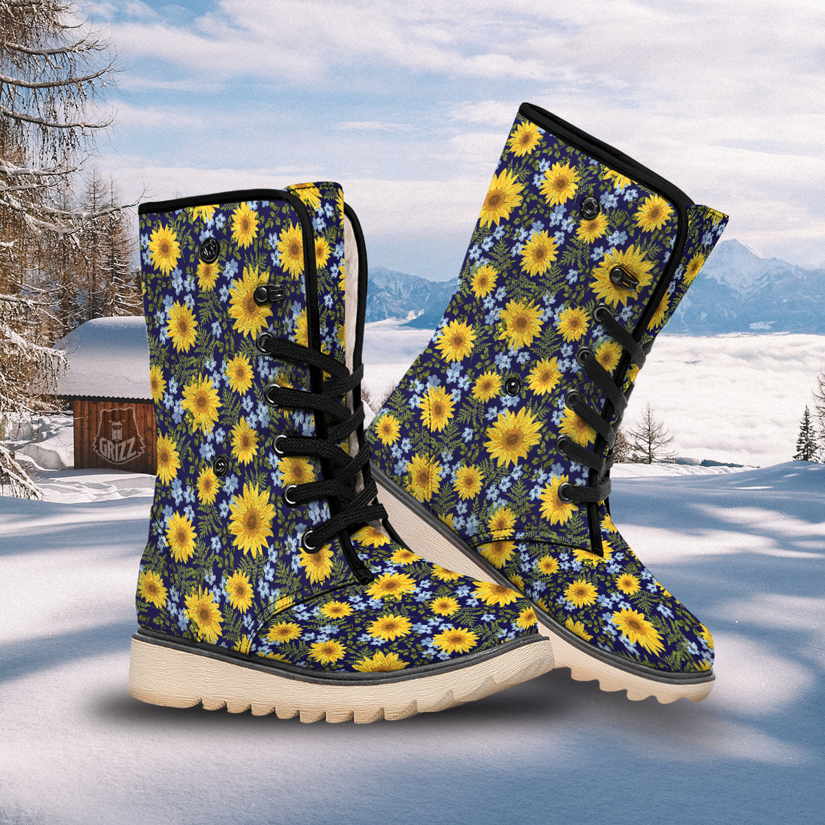 Yellow Sunflower Floral Print Snow Boots-grizzshop
