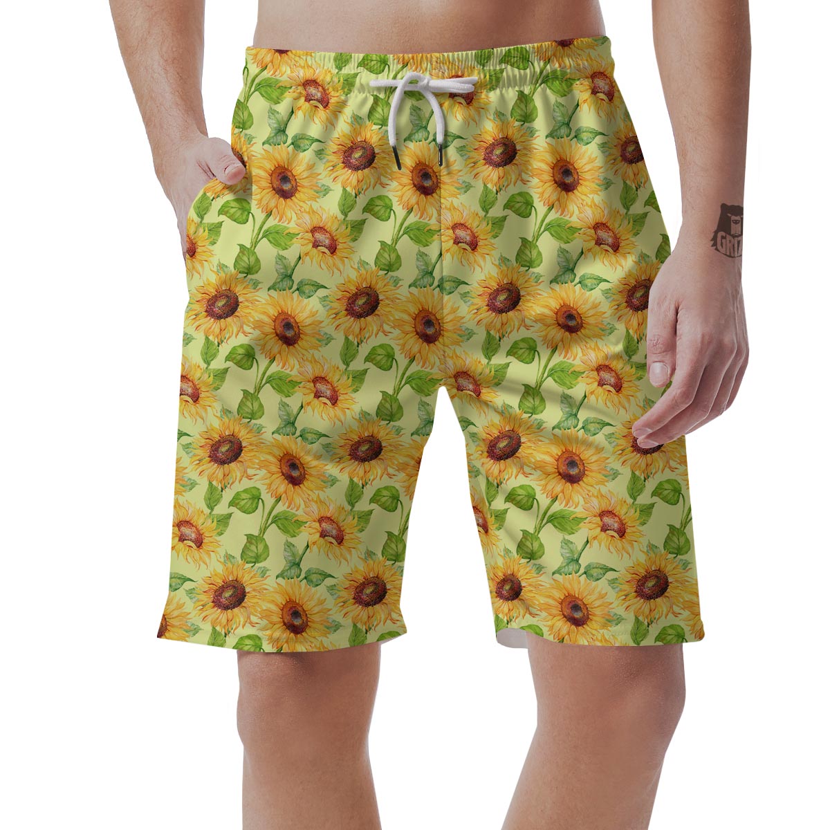 Yellow Sunflower Print Men's Shorts-grizzshop