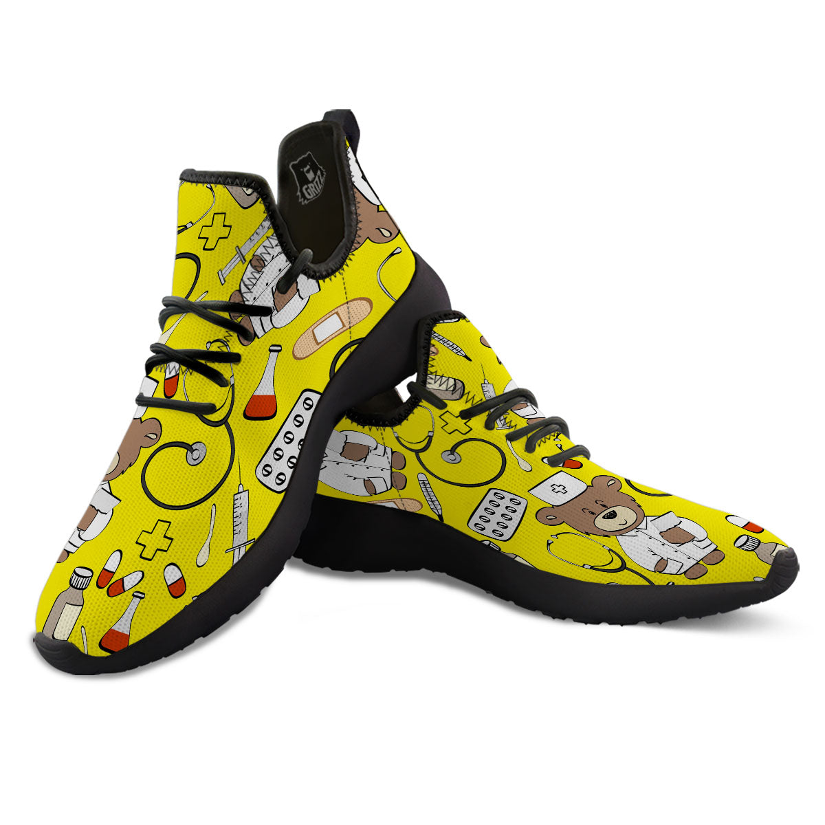 Yellow Teddy Bear Nurse Black Athletic Shoes-grizzshop