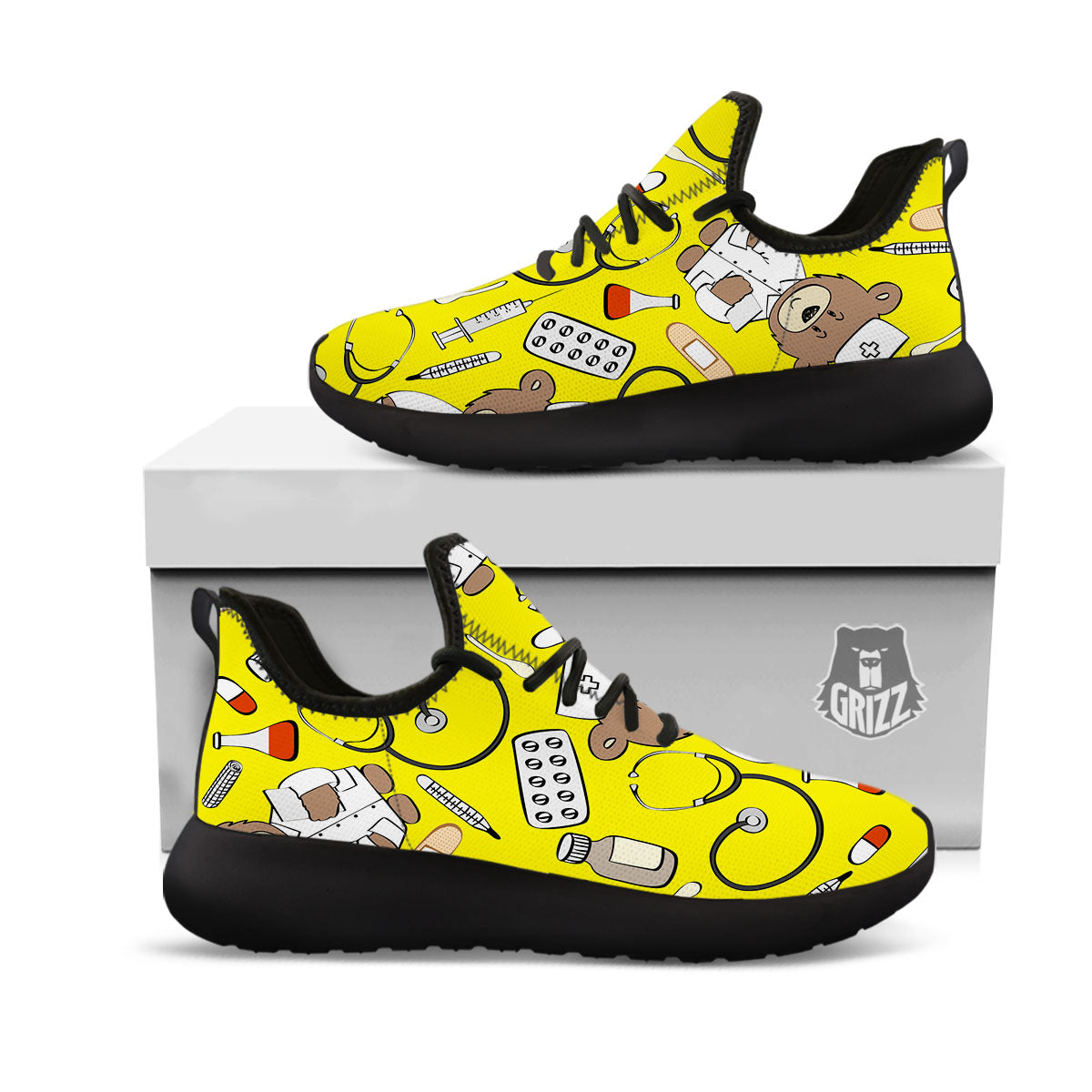 Yellow Teddy Bear Nurse Black Athletic Shoes-grizzshop
