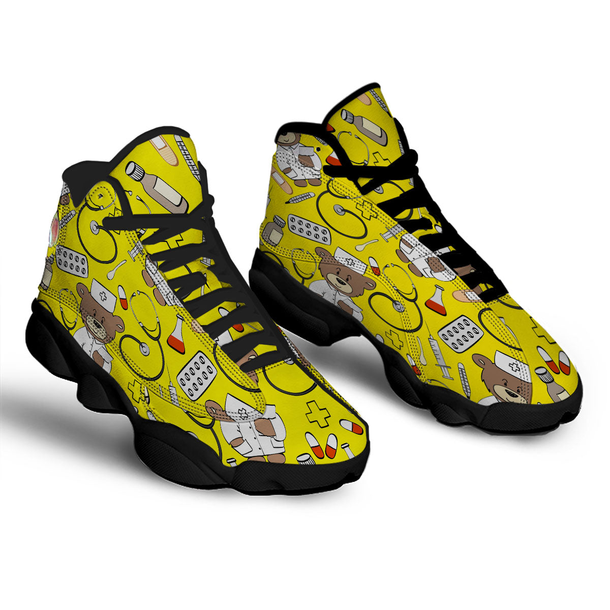 Yellow Teddy Bear Nurse Black Basketball Shoes-grizzshop