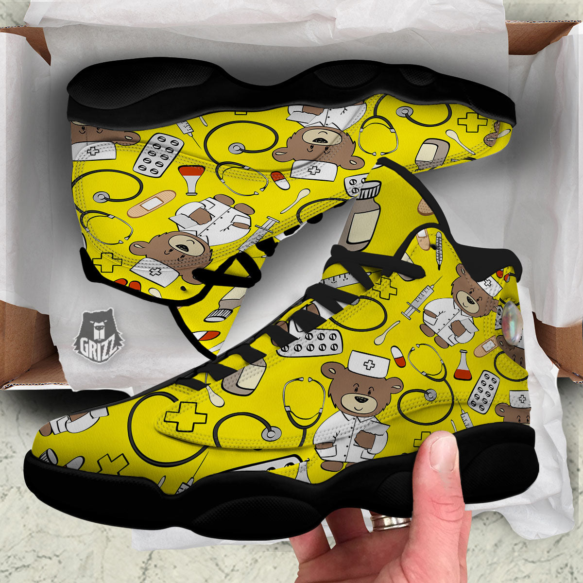 Yellow Teddy Bear Nurse Black Basketball Shoes-grizzshop