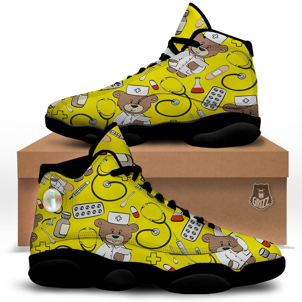 Yellow Teddy Bear Nurse Black Basketball Shoes-grizzshop