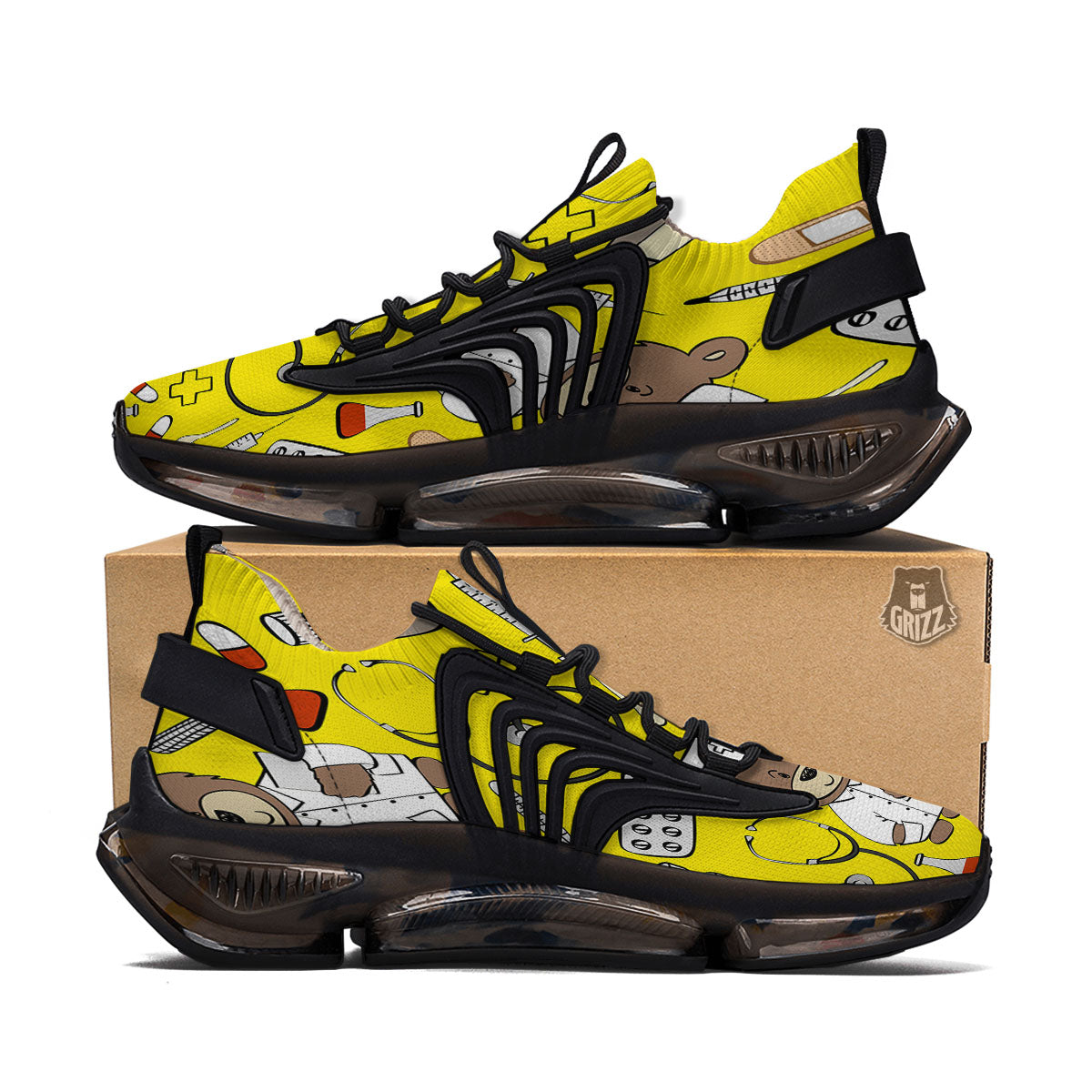 Yellow Teddy Bear Nurse Black Gym Shoes-grizzshop