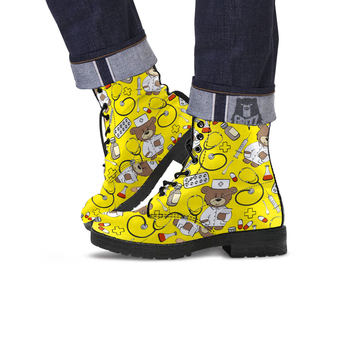 Yellow Teddy Bear Nurse Leather Boots-grizzshop