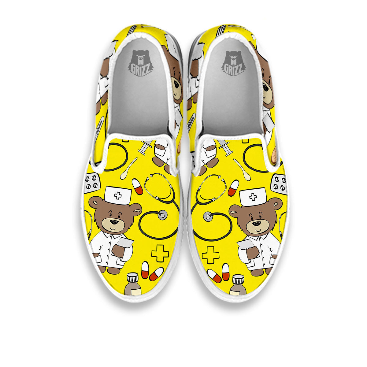 Yellow Teddy Bear Nurse White Slip On Shoes-grizzshop