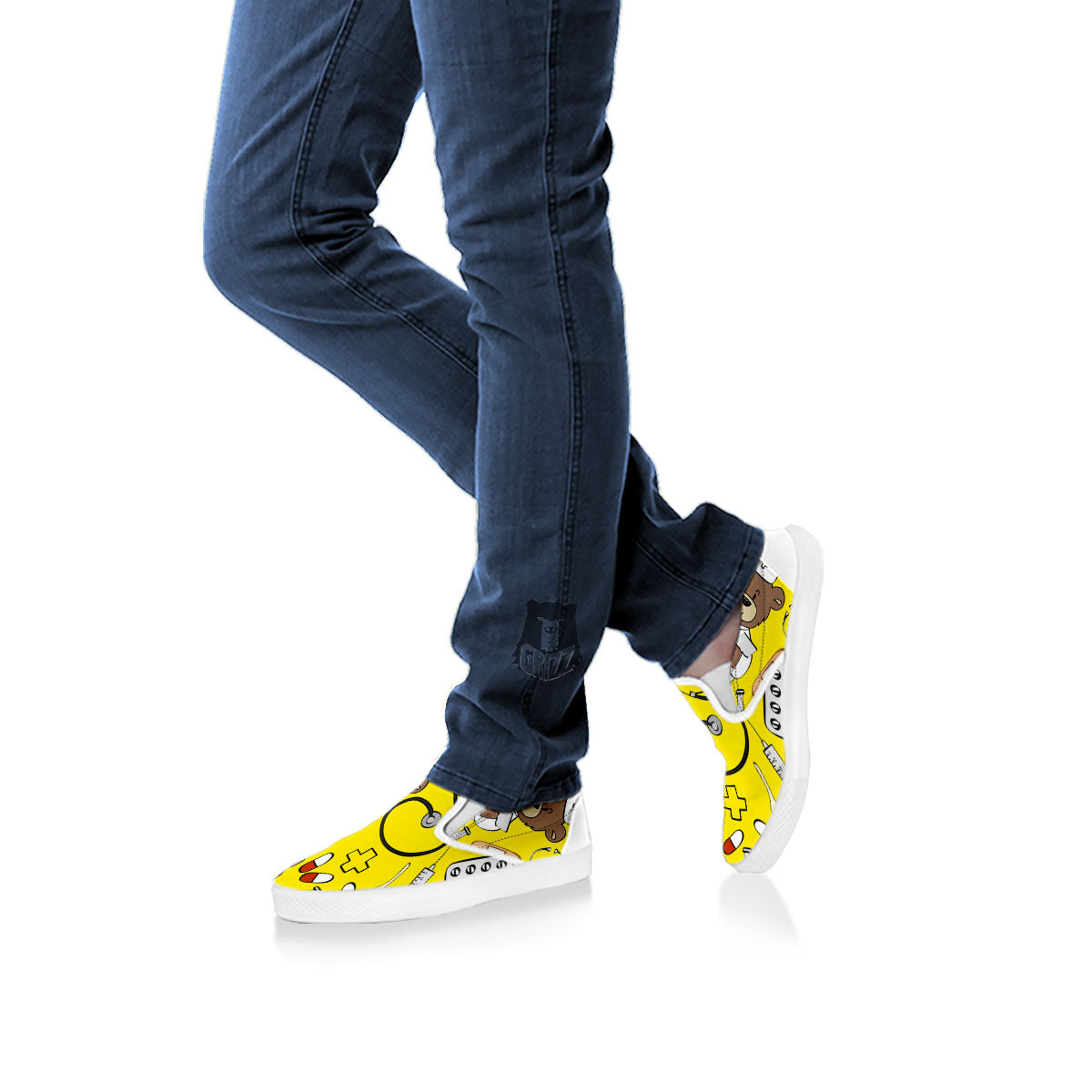 Yellow Teddy Bear Nurse White Slip On Shoes-grizzshop