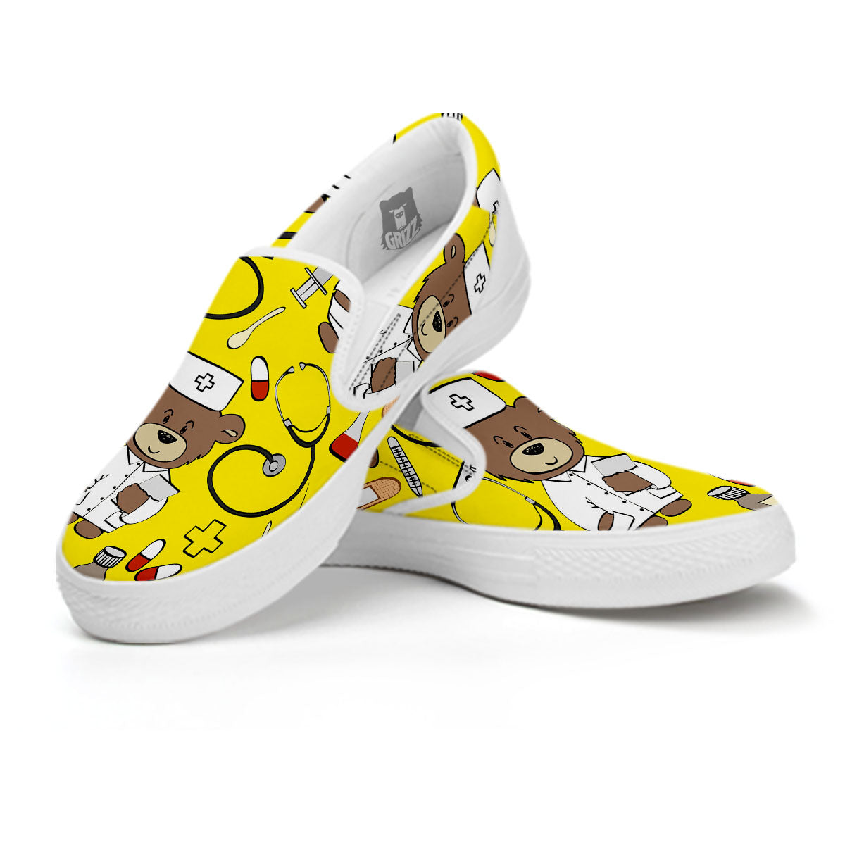 Yellow Teddy Bear Nurse White Slip On Shoes-grizzshop