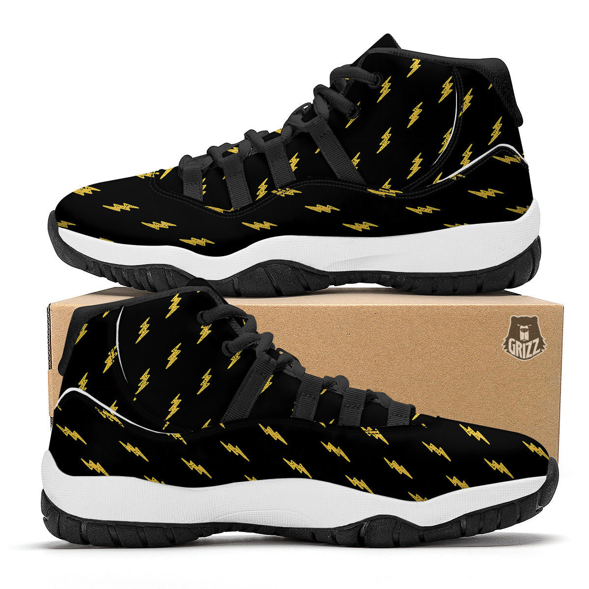 Yellow Thunder Black Print Pattern Black Bball Shoes-grizzshop