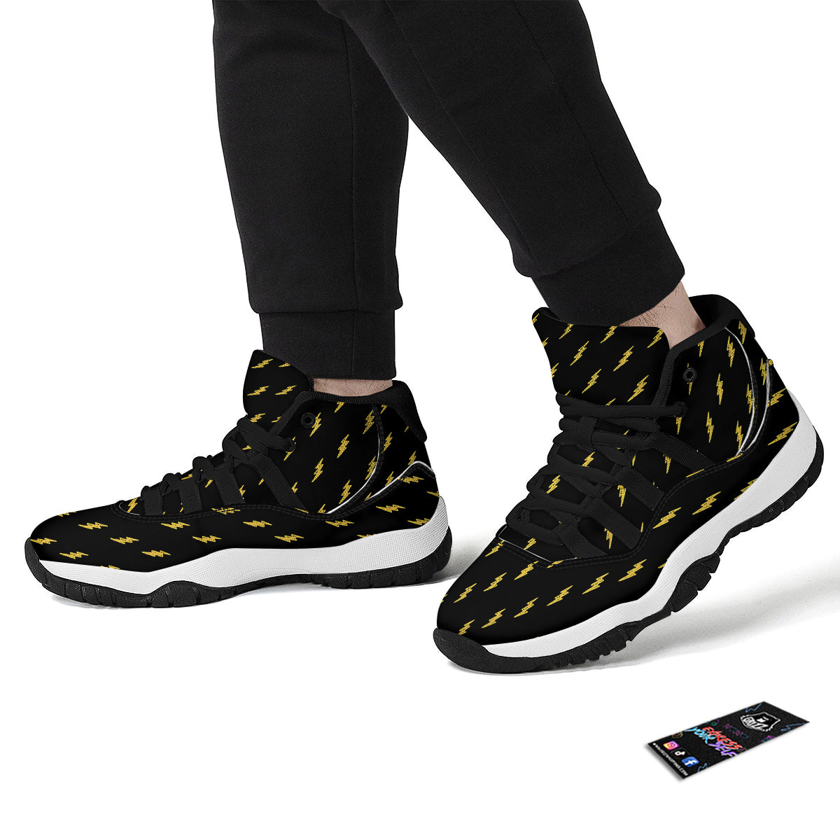 Yellow Thunder Black Print Pattern Black Bball Shoes-grizzshop