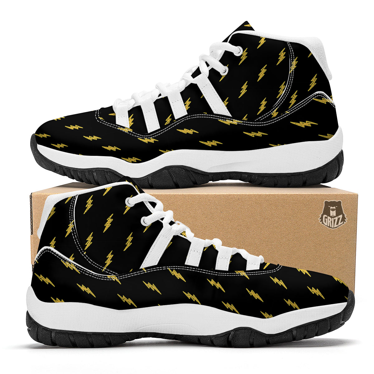 Yellow Thunder Black Print Pattern White Bball Shoes-grizzshop