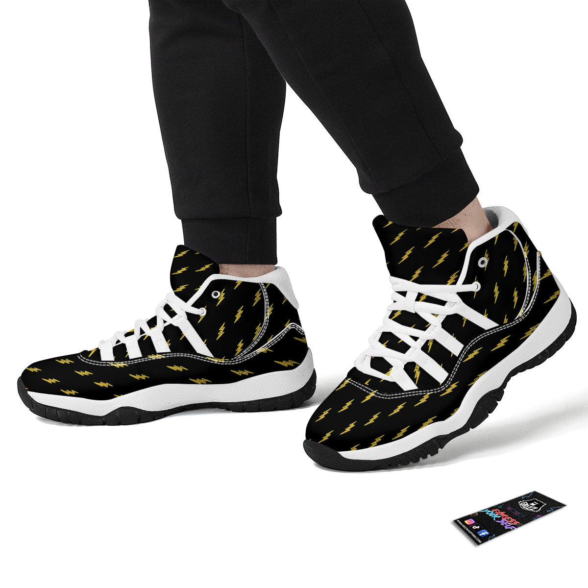 Yellow Thunder Black Print Pattern White Bball Shoes-grizzshop