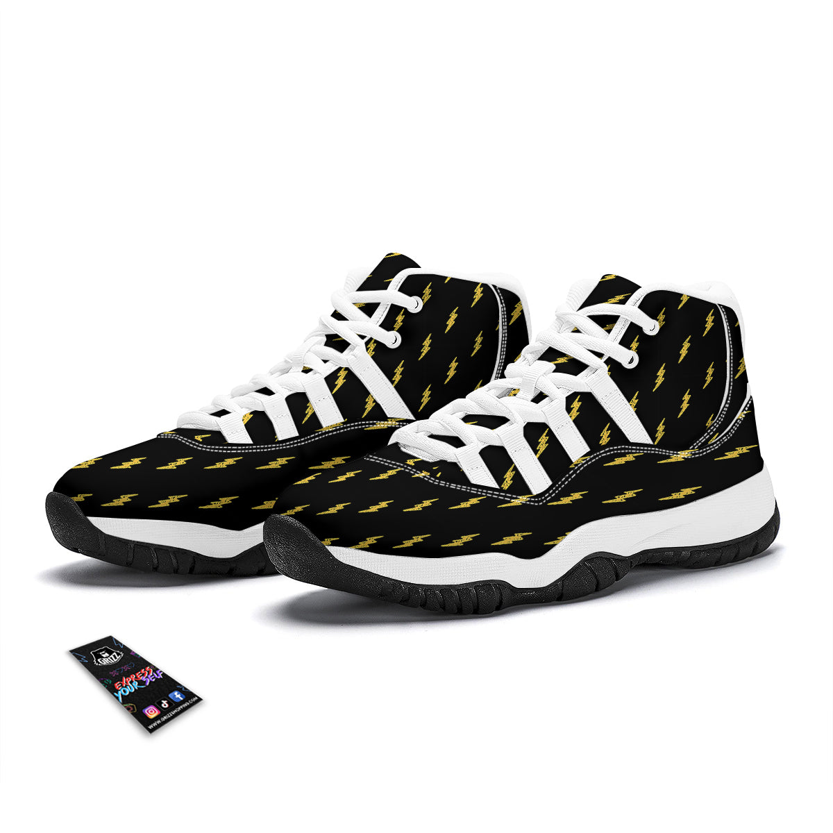 Yellow Thunder Black Print Pattern White Bball Shoes-grizzshop