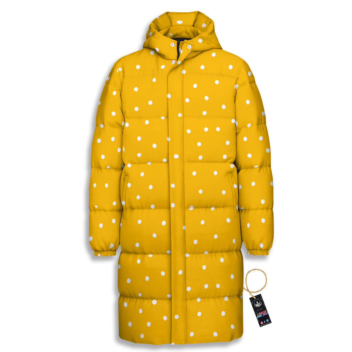 Yellow And White Polka Dot Print Pattern Long Down Jacket