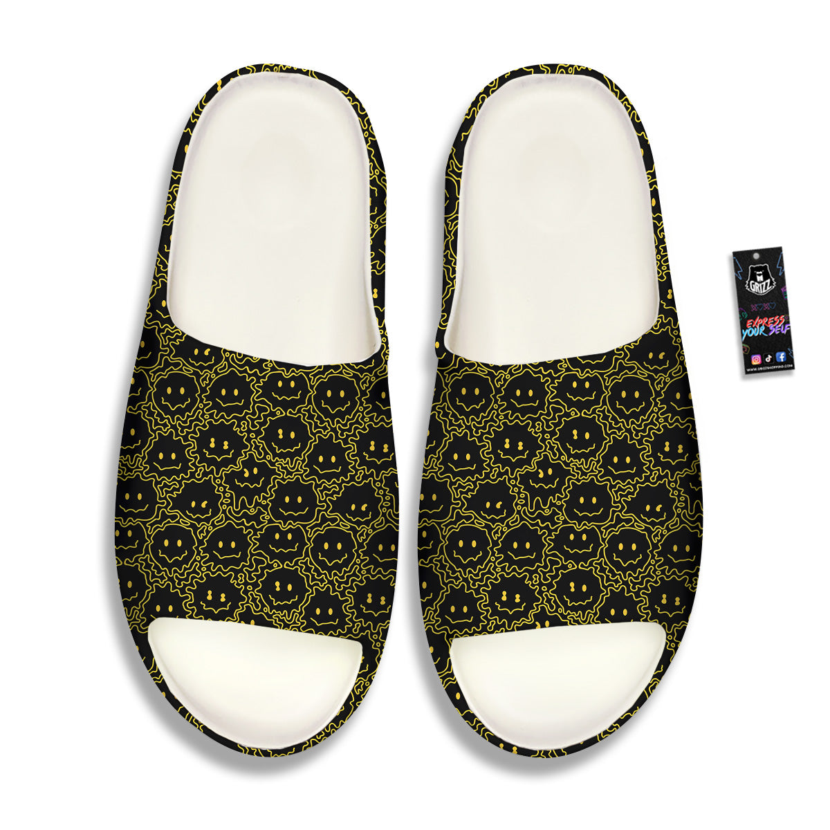 Yellow Crazy Emoji Print Pattern Sandals-grizzshop