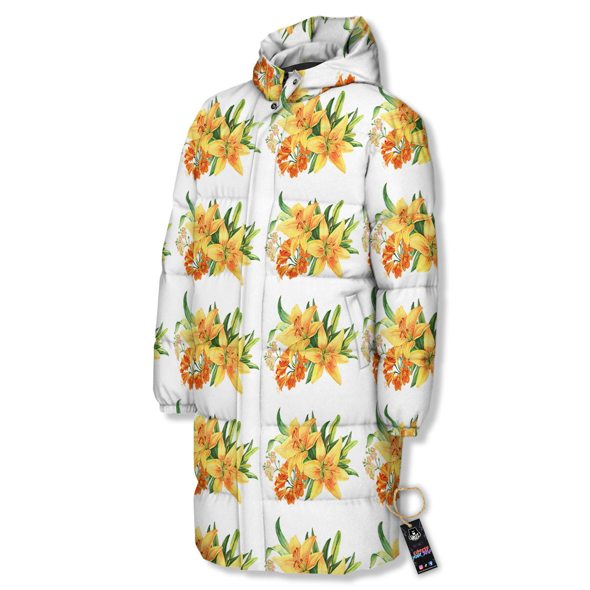 Yellow Lily Watercolor Print Pattern Long Down Jacket