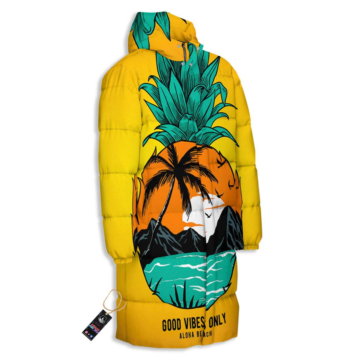 Yellow Pineapple Aloha Tropical Island Print Long Down Jacket