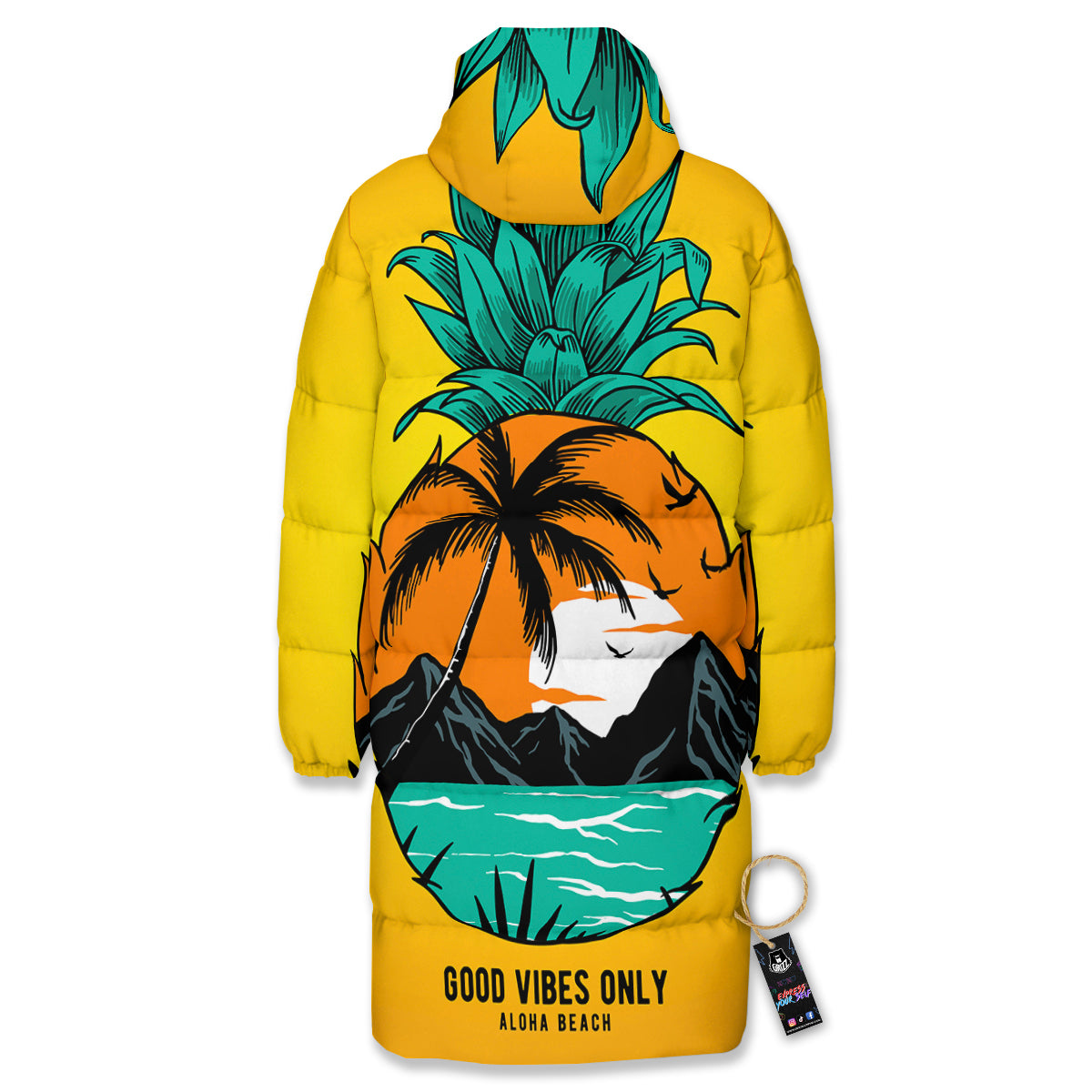 Yellow Pineapple Aloha Tropical Island Print Long Down Jacket