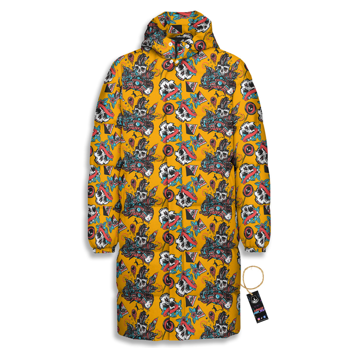 Yellow Skull Old School Tattoo Print Pattern Long Down Jacket