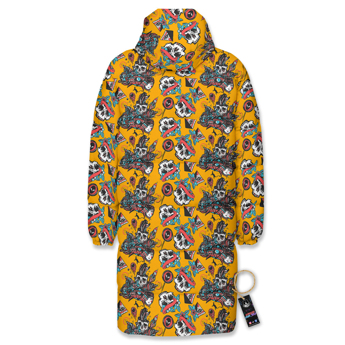 Yellow Skull Old School Tattoo Print Pattern Long Down Jacket