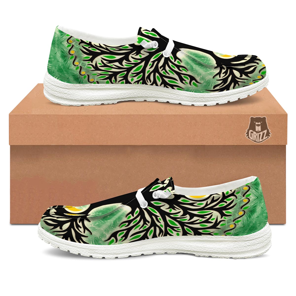 Yggdrasil Moon And Sun Print White Loafers-grizzshop