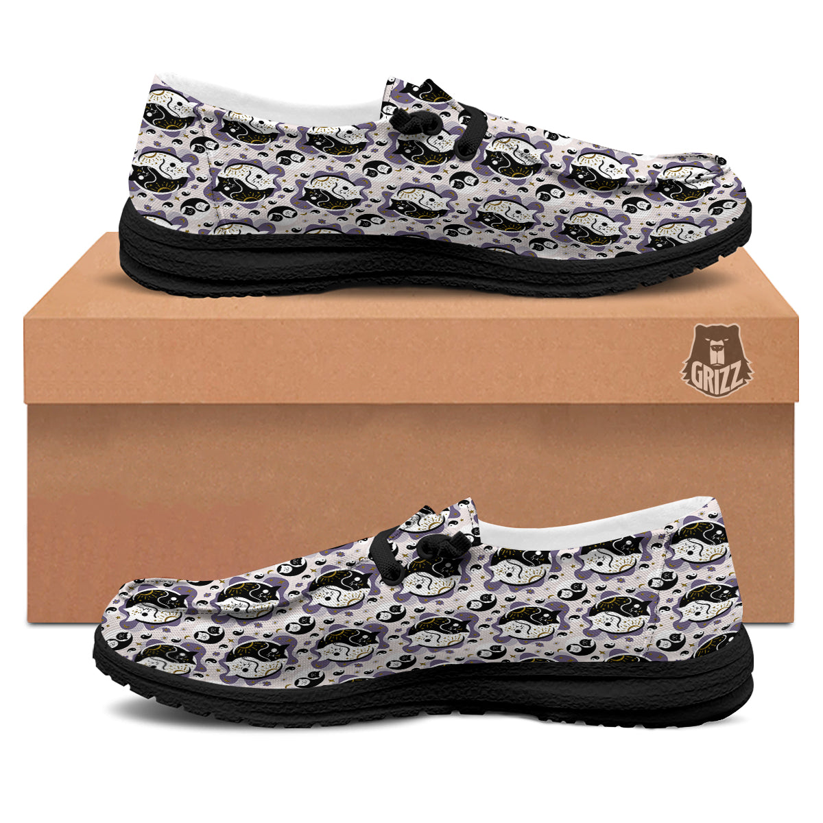 Yin Yang Black And White Cat Sleep Print Pattern Black Loafers-grizzshop