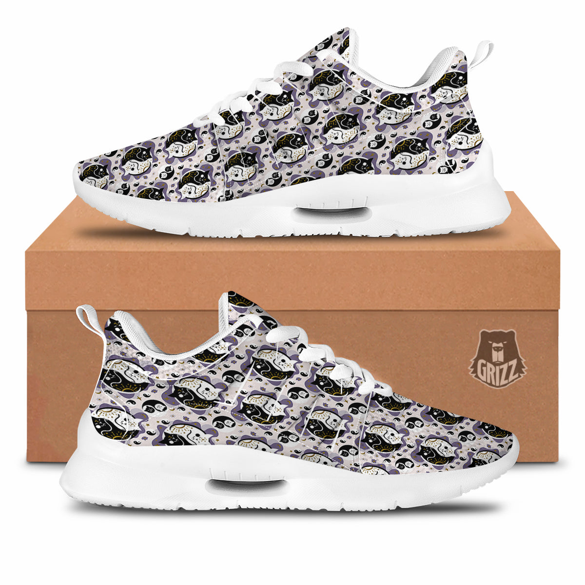 Yin Yang Black And White Cat Sleep Print Pattern Tennis Shoes-grizzshop