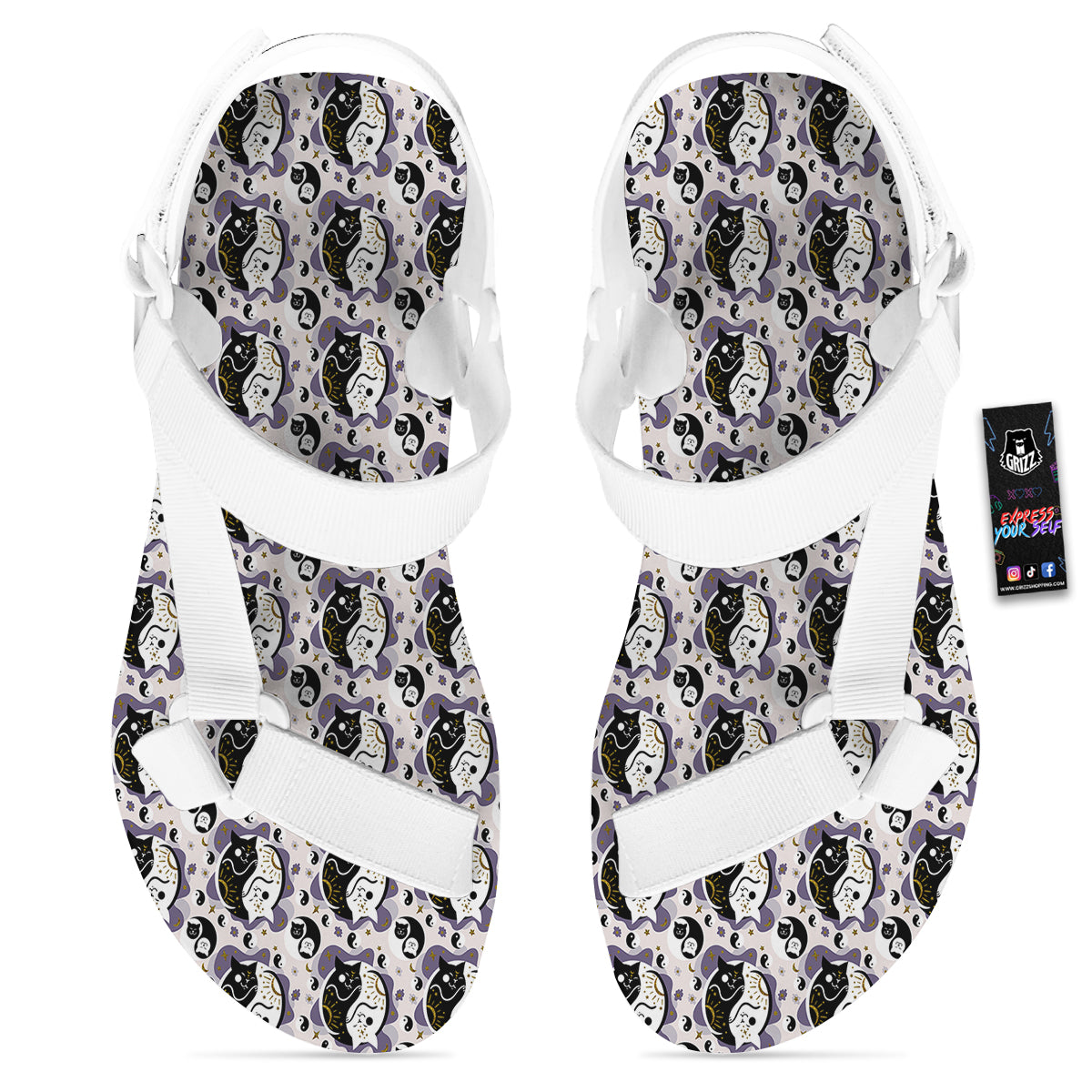 Yin Yang Black And White Cat Sleep Print Pattern White Open Toe Sandals-grizzshop