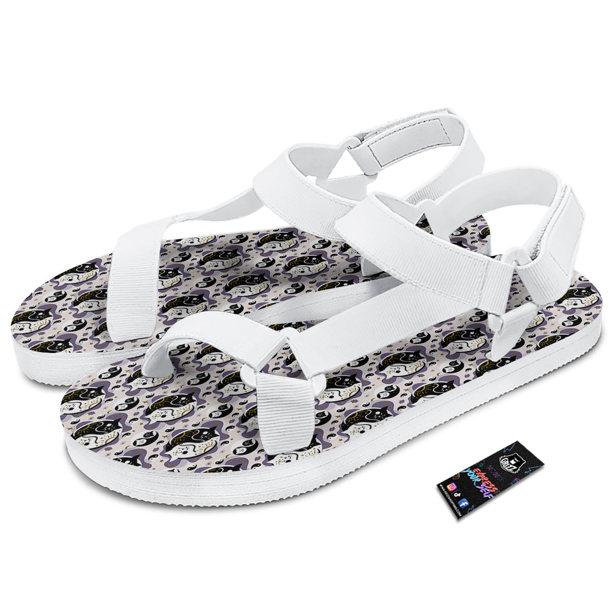 Yin Yang Black And White Cat Sleep Print Pattern White Open Toe Sandals-grizzshop