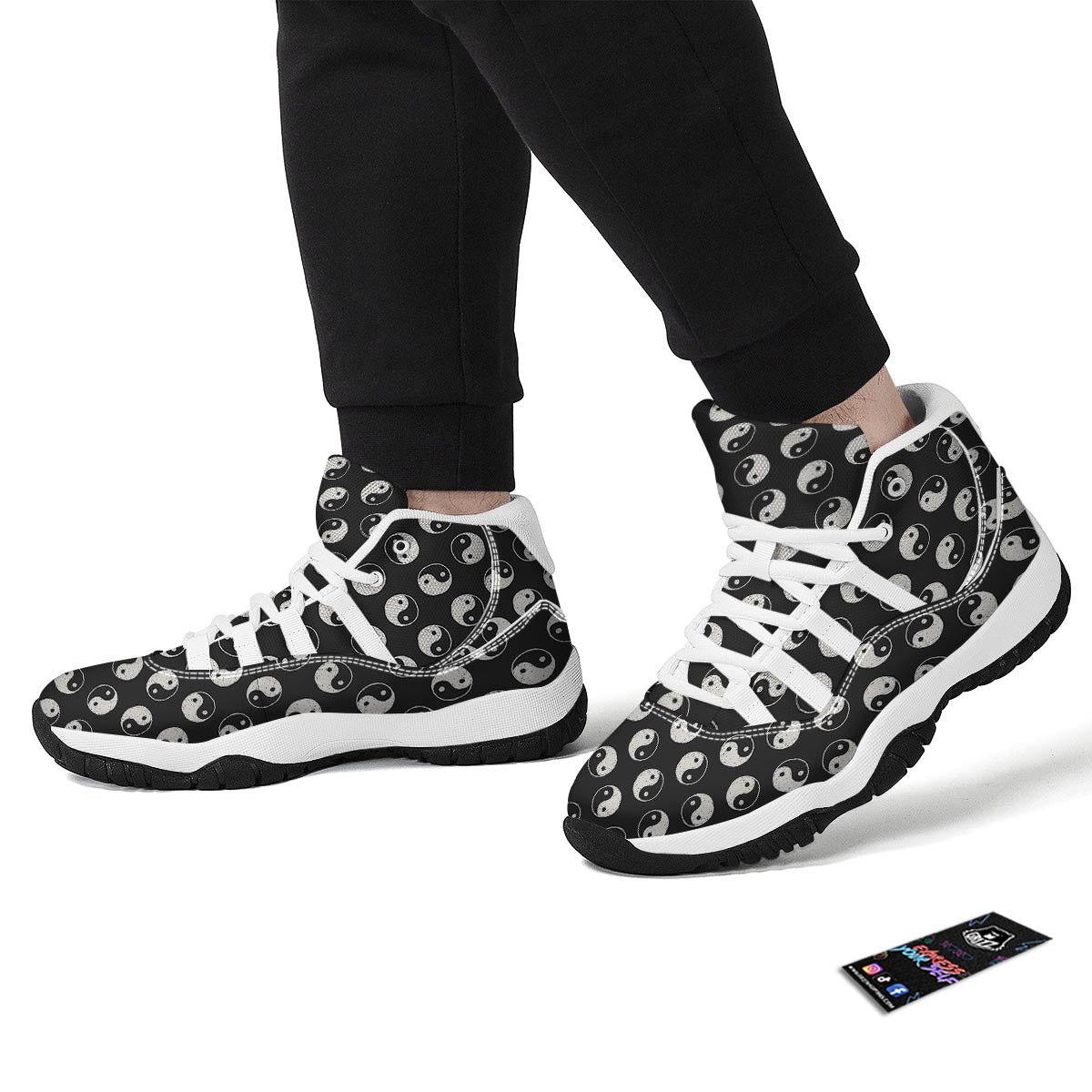 Yin Yang Black Pattern Print White Bball Shoes-grizzshop