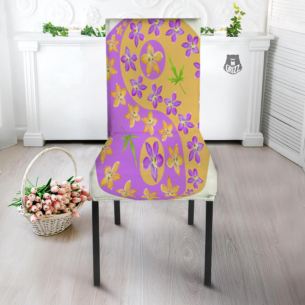Yin Yang Colorful Flowers Print Dining Chair Slipcover-grizzshop