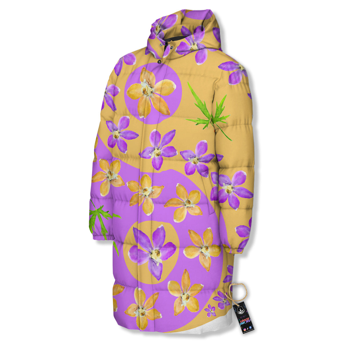 Yin Yang Colorful Flowers Print Long Down Jacket-grizzshop