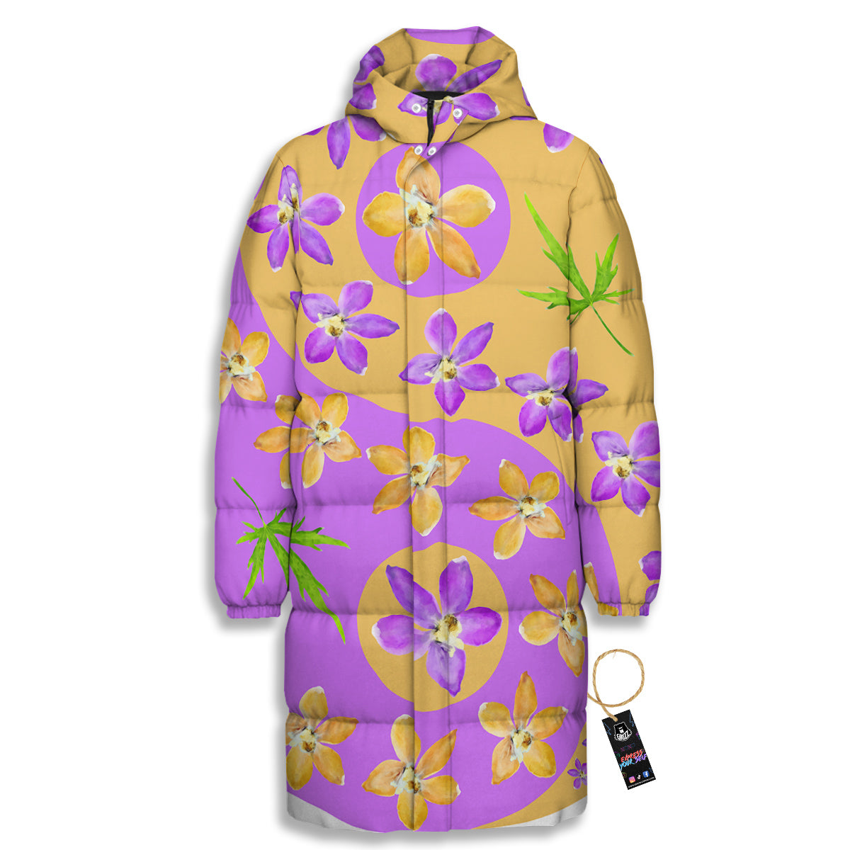 Yin Yang Colorful Flowers Print Long Down Jacket-grizzshop