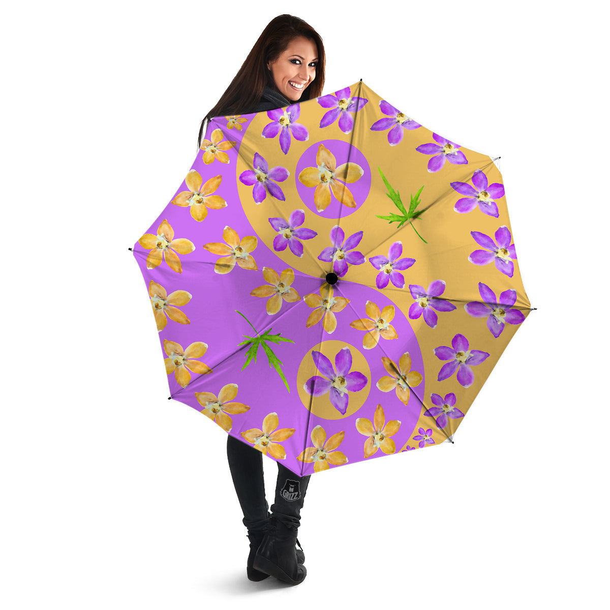 Yin Yang Colorful Flowers Print Umbrella-grizzshop